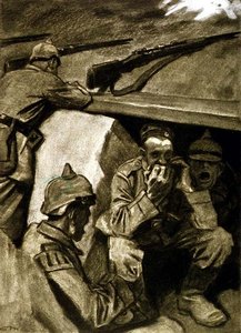 Narząd ustny w okopach, ilustracja z niemieckiego czasopisma „Simplicissimus”, ok. 1915 (lito)