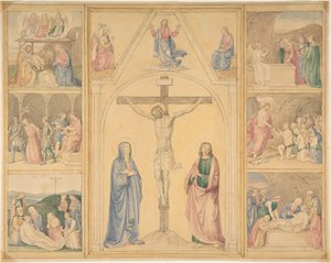 Chrystus na krzyżu z sześcioma scenami z życia Chrystusa, ca. 1850. autorstwa Eduard von Steinle