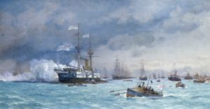 HMS "Edinburgh" na ćwiczeniach przeciwtorpedowych, ok. 1887 r. (olej na płótnie) autorstwa Eduardo de Martino