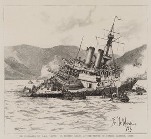 Wyrzucenie na brzeg HMS Howe na rafach Pereiro, u ujścia portu Ferrol, Hiszpania autorstwa Eduardo de Martino