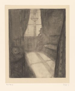 Mężczyzna we wnętrzu siedzący przy oknie Światło księżyca. Noc w Saint-Cloud (tytuł oryginalny) autorstwa Edvard Munch