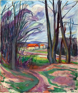 Krajobraz w Skoyen (Oslo, Norwegia). Obraz Edvarda Muncha (1863-1944), olej na płótnie, ok. 1920 r. Sztuka norweska, XX w., ekspresjonizm. Prywatna kolekcja. autorstwa Edvard Munch