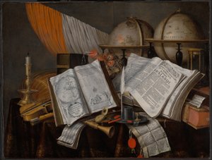 Martwa natura Vanitas z flagą, świecznikiem, instrumentami muzycznymi, książkami, akcesoriami do pisania, globusami i klepsydrą autorstwa Edwaert Collier