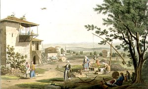 Larissa, tablica 29 z części 6 „Widoki w Grecji”, rytowana przez Fredericka Christiana Lewisa (1779-1856) wyd. 1821 (akwatinta)