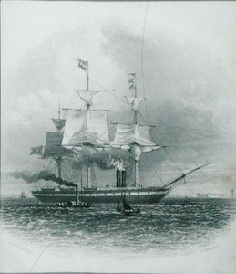Liverpool – „Wielka Brytania” opuszczająca port w 1853 r., z „Cyklopedii użytecznych sztuk i manufaktur”, pod redakcją Charlesa Tomlinsona, ryt. J. Bradshaw, ok. 1880 r. (grafika)