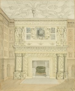 Kominek, sala Great Oak, Red Lodge (ołówek i akwarela na papierze) autorstwa Edward Cashin