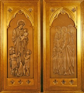 Chrystus błogosławi małe dzieci i kobiety przynoszące dzieci przed oblicze Chrystusa (czarno-białe kredy na papierze) autorstwa Edward Coley Burne Jones