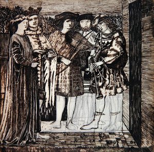 Projekt do dekoracji Czerwonego Domu: „Organizacja ślubna Sir Degrevaunta” autorstwa Edward Coley Burne Jones