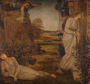 Kupidyn i Psyche - Pałacowe Zielone Malowidła - Zefir niosący Psyche do góry, 1881 autorstwa Edward Burne Jones