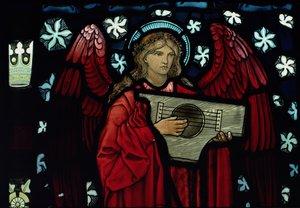 Szczegół Anioła Muzyka, wykonany przez William Morris and Co., witraż 1882 autorstwa Edward Burne Jones