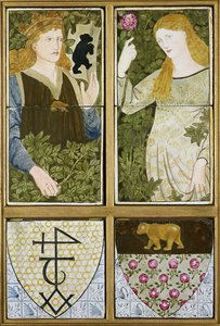 King Arthur i Queen Guinevere, Six Tile Panel wyprodukowany przez Morris, Marshall, Faulkner & Co. (ceramika) autorstwa Edward Burne Jones