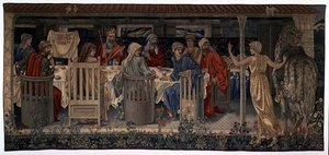 Quest for the Holy Graal Tapestries, panel 1, Rycerze Okrągłego Stołu wezwani na poszukiwanie przez Dziwną Damę, 1898-1899 autorstwa Edward Burne Jones