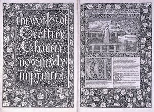 Strona tytułowa i strona otwierająca z wydania Kelmscott Press „The Works of Geoffrey Chaucer”, 1896 autorstwa Edward Burne Jones