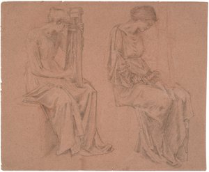 Dwa studia siedzącej dziewczyny grającej na cytrze autorstwa Edward Coley Burne Jones