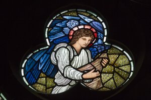 Wilden, All Saints, Morris & Co., Edward Burne-Jones, John Henry Dearle (1859-1932), Angels with Dulcimer, Angel Musicians, 1902-1914, Louisa, Alfred, The Baldwins, premier, metodysta, Worceste autorstwa Edward Coley and Dearle Burne-Jones
