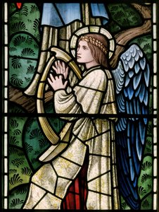Wilden, All Saints, Morris & Co., Edward Burne-Jones, John Henry Dearle (1859-1932), Anioły raju, Angel Musicians, detal, 1902-1914, Louisa, Alfred, The Baldwins, premier, metodysta, Wo