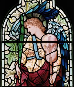 Wilden, All Saints, Morris & Co., Edward Burne-Jones, John Henry Dearle (1859-1932), The Minstrel Angel, Angel Musician, detail, 1902-1914, Louisa, Alfred, The Baldwins, Premier, Metodysta, Wor