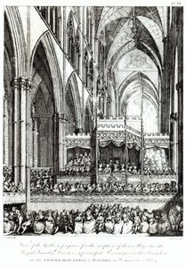 Widok Galerii przygotowanej na przyjęcie ich Królewskich Wysokości Rodziny Królewskiej, Dyrektorów i Naczelnych Osobistości Królestwa na Pamiątkę Haendla w Opactwie Westminsterskim, rycina Joh autorstwa Edward Francis Burney