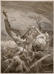 Śmierć Harolda w bitwie pod Hastings, ilustracja z „Ilustrowanej historii Anglii Cassella” (zdjęcie w sepii) autorstwa Edward Frederick Brewtnall