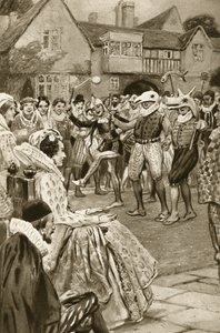Królowa Elżbieta I zabawiana przez błaznów (litografia)