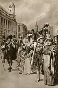 Ulice Londynu: Król Karol I, królowa Elżbieta I, król Henryk VIII, kardynał Wolsey (litografia) autorstwa Edward Frederick Skinner