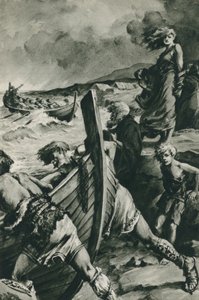 Wikingowie, którzy wypłynęli z fiordów Norwegii i odkryli Amerykę na długo przed Kolumbem (litografia)