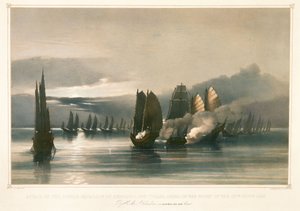 Atak na piracką eskadrę Chuiapoo u wybrzeży Tysami w Chinach, 28 września 1849 r., połowa XIX w. (litografia) autorstwa Edward Hodges Cree
