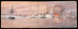 Private Illustrated Journal of Dr E H Cree, tom XII 1849, rozkładówka obok strony 73-74, "The attack on the Pirate fleet of Shap-ng-tsai in the Tonquin River" 21 października 1849 r. CRJ12 (obraz) autorstwa Edward Hodges Cree