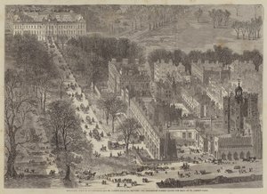 Widok z lotu ptaka na Buckingham i Pałac św. Jakuba, przeżuwający przechodzącą procesję? autorstwa Edward Hull
