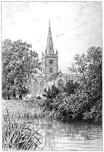Kościół Stratford widziany z rzeki, Stratford-upon-Avon, Warwickshire, 1885. autorstwa Edward Hull