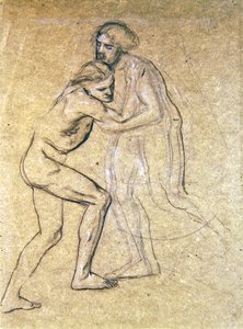 Studium dwóch nagich mężczyzn obejmujących się podczas powrotu marnotrawnego, 1869 (kreda na papierze) autorstwa Edward John Poynter