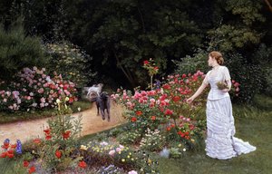 Przyjazd 1878. Elegancka kobieta w białej sukni zbiera kwiaty (róże) w ogrodzie. W pobliżu niej pojawiają się psy sygnalizujące przybycie osoby. Obraz autorstwa Edwarda Killingwortha Johnsona (1825-1896 Brytyjczyk). Prerafaelizm