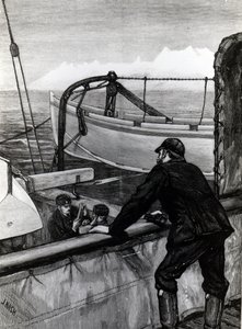 The Arctic Expedition - „Alert” w pobliżu Holsteinborg, Grenlandia: Sternpost Cutter of Iceboat on Skids, opublikowany w „The Graphic”, grawerowany przez J. Nasha, 1875 autorstwa Edward Lawton Moss