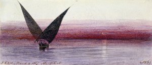 Egipska łódź na Nilu, w Manfaloot (Egipt). Kolorowy rysunek akwarelą autorstwa Edward Lear