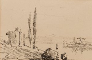 Włoskie capriccio, ok.1837 (czarna kreda na papierze) autorstwa Edward Lear