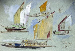 Studium weneckich łodzi pod pełnymi żaglami. Kolorowa akwarela Edwarda Leara (1812-1888). autorstwa Edward Lear