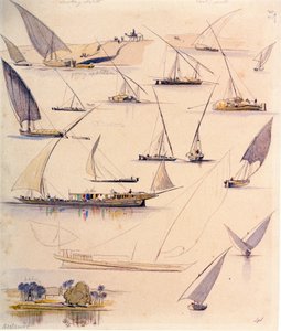 Studia różnych egipskich łodzi. Kolorowy rysunek akwarelą autorstwa Edward Lear