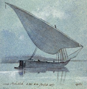 Studium gyasi (egipskiej łodzi) w pobliżu Malatieh (lub Malatia, Egipt). Kolorowy rysunek akwarelą autorstwa Edward Lear