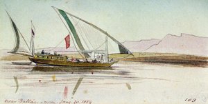 Studium gyassi (egipskiej łodzi) na Nilu w pobliżu Ballas (Egipt). Kolorowy rysunek akwarelą autorstwa Edward Lear