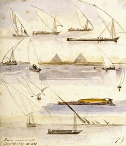 Studium różnych egipskich łodzi (Dahabeeyahs i Gyassis), ze sceną przed piramidami w Gizie (Kair) pośrodku strony. autorstwa Edward Lear