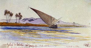 Brzeg Nilu (Egipt), z palmami i gyassi zwróconymi w stronę brzegu, w pobliżu Gebel el Silsileh. Kolorowy rysunek akwarelą autorstwa Edward Lear