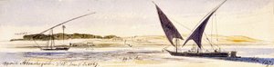 Zasięg Nilu i jego brzegi, z dwiema tradycyjnymi egipskimi łodziami, w tym Dahabeeya. Kolorowy rysunek akwarelą autorstwa Edward Lear