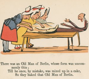Był tam berliński starzec o niezwykle cienkiej formie z „Księgi bzdur”, wydanej przez Fredericka Warne and Co., Londyn, ok. 1875 r. autorstwa Edward Lear