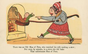 Pewien starzec z Peru obserwował, jak jego żona robi gulasz, z „Księgi bzdur”, wydanej przez Fredericka Warne and Co., Londyn, ok. 1875 r.