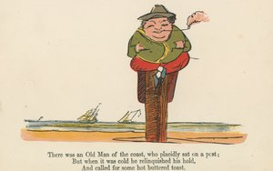 Był tam stary człowiek z wybrzeża, który spokojnie siedział na słupie z „Księgi bzdur”, wydanej przez Frederick Warne and Co., Londyn, ok. 1875 r. autorstwa Edward Lear