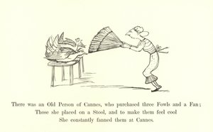 Był sobie staruszek z Cannes, który kupił trzy kurki i wachlarz. autorstwa Edward Lear