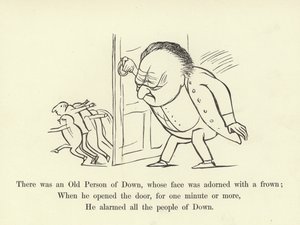 Była tam Stara Osoba z Downa, której twarz była ozdobiona zmarszczonym czołem autorstwa Edward Lear