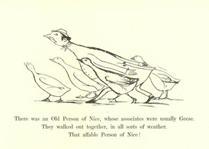 Był Stary Człowiek z Nicei, którego współpracownikami były zwykle Gęsi autorstwa Edward Lear