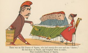 Był tam stary człowiek ze Sparty, który miał dwudziestu pięciu synów i jednego „darmowca” z „Księgi bzdur”, wydanej przez Fredericka Warne and Co., Londyn, ok. 1875 r.