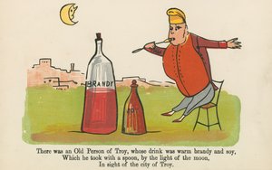 Był sobie Stary Człowiek z Troi, którego napojem była ciepła brandy i soja, z "A Book of Nonsense", wydanej przez Frederick Warne and Co., Londyn, ok. 1875 r. autorstwa Edward Lear